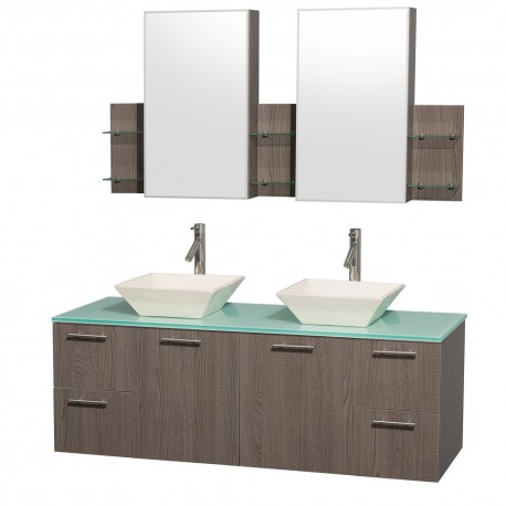 60 inch Double Bathroom Vanity in Gray Oak with Green Glass Top with Bone Porcelain Sinks, and Medicine Cabinets