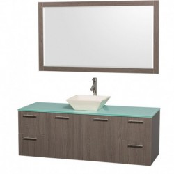 60 inch Single Bathroom Vanity in Gray Oak with Green Glass Top with Bone Porcelain Sink, and 58 inch Mirror