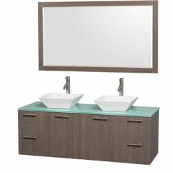 60 inch Double Bathroom Vanity in Gray Oak with Green Glass Top with White Porcelain Sinks, and 58 inch Mirror