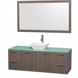 60 inch Single Bathroom Vanity in Gray Oak with Green Glass Top with White Porcelain Sink, and 58 inch Mirror
