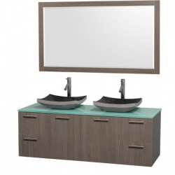 60 inch Double Bathroom Vanity in Gray Oak with Green Glass Top with Black Granite Sinks, and 58 inch Mirror