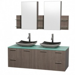60 inch Double Bathroom Vanity in Gray Oak with Green Glass Top with Black Granite Sinks, and Medicine Cabinets