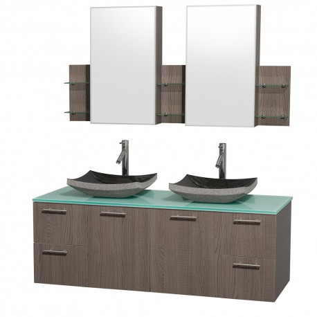 60 inch Double Bathroom Vanity in Gray Oak with Green Glass Top with Black Granite Sinks, and Medicine Cabinets
