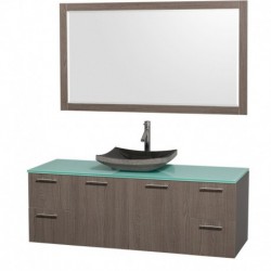60 inch Single Bathroom Vanity in Gray Oak with Green Glass Top with Black Granite Sink, and 58 inch Mirror