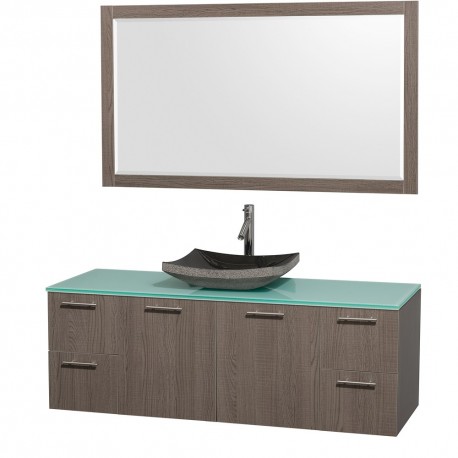 60 inch Single Bathroom Vanity in Gray Oak with Green Glass Top with Black Granite Sink, and 58 inch Mirror