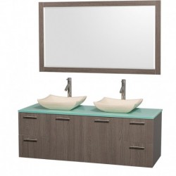 60 inch Double Bathroom Vanity in Gray Oak with Green Glass Top with Ivory Marble Sinks, and 58 inch Mirror