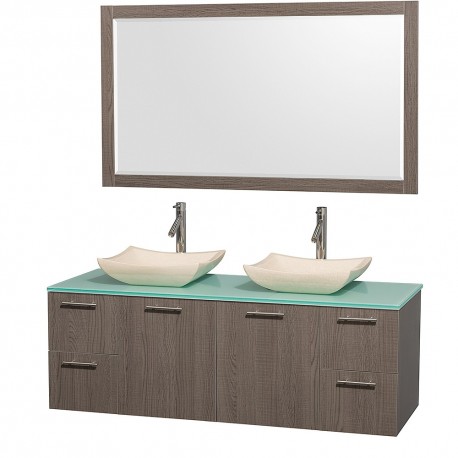60 inch Double Bathroom Vanity in Gray Oak with Green Glass Top with Ivory Marble Sinks, and 58 inch Mirror