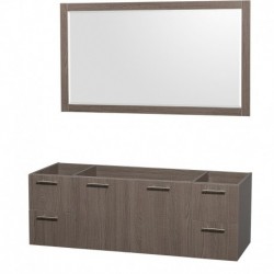 60 inch Double Bathroom Vanity in Gray Oak with Green Glass Top with Ivory Marble Sinks, and 58 inch Mirror