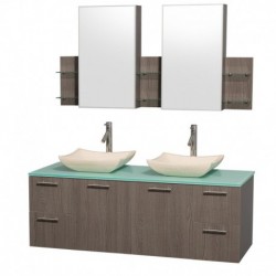 60 inch Double Bathroom Vanity in Gray Oak with Green Glass Top with Ivory Marble Sinks, and Medicine Cabinets