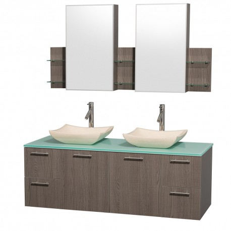 60 inch Double Bathroom Vanity in Gray Oak with Green Glass Top with Ivory Marble Sinks, and Medicine Cabinets