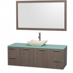 60 inch Single Bathroom Vanity in Gray Oak with Green Glass Top with Ivory Marble Sink, and 58 inch Mirror