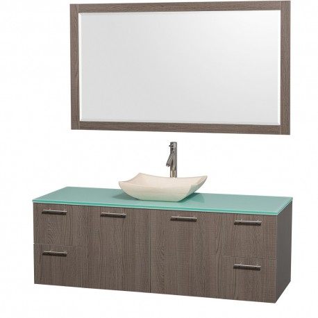 60 inch Single Bathroom Vanity in Gray Oak with Green Glass Top with Ivory Marble Sink, and 58 inch Mirror