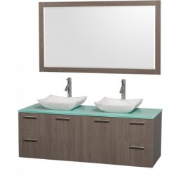 60 inch Double Bathroom Vanity in Gray Oak with Green Glass Top with Carrera Marble Sinks, and 58 inch Mirror