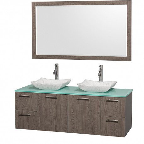 60 inch Double Bathroom Vanity in Gray Oak with Green Glass Top with Carrera Marble Sinks, and 58 inch Mirror