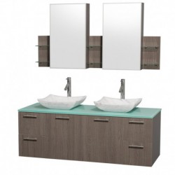 60 inch Double Bathroom Vanity in Gray Oak with Green Glass Top with Carrera Marble Sinks, and Medicine Cabinets