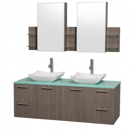 60 inch Double Bathroom Vanity in Gray Oak with Green Glass Top with Carrera Marble Sinks, and Medicine Cabinets