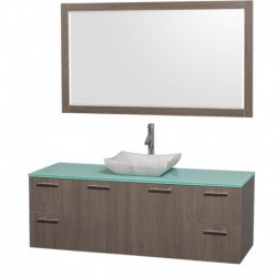 60 inch Single Bathroom Vanity in Gray Oak with Green Glass Top with Carrera Marble Sink, and 58 inch Mirror