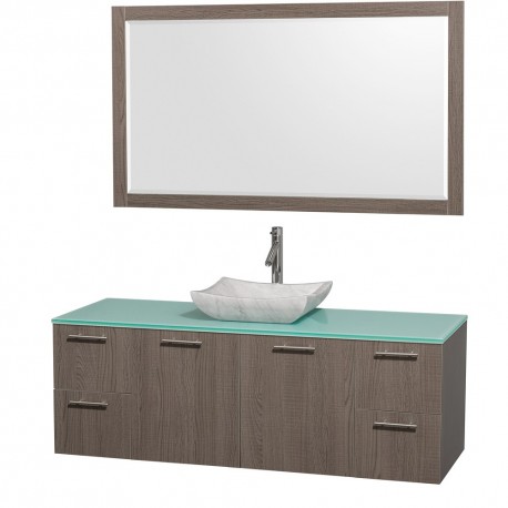 60 inch Single Bathroom Vanity in Gray Oak with Green Glass Top with Carrera Marble Sink, and 58 inch Mirror