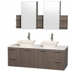 60 inch Double Bathroom Vanity in Gray Oak with White Man-Made Stone Top with Bone Porcelain Sinks, and Medicine Cabinets