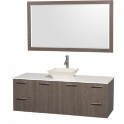 60 inch Single Bathroom Vanity in Gray Oak with White Man-Made Stone Top with Bone Porcelain Sink, and 58 inch Mirror