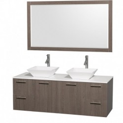 60 inch Double Bathroom Vanity in Gray Oak with White Man-Made Stone Top with White Porcelain Sinks, and 58 inch Mirror