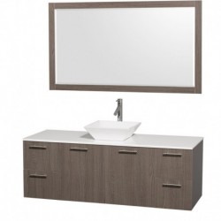60 inch Single Bathroom Vanity in Gray Oak with White Man-Made Stone Top with White Porcelain Sink, and 58 inch Mirror