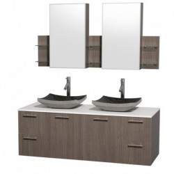 60 inch Double Bathroom Vanity in Gray Oak with White Man-Made Stone Top with Black Granite Sinks, and Medicine Cabinets