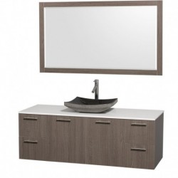 60 inch Single Bathroom Vanity in Gray Oak with White Man-Made Stone Top with Black Granite Sink, and 58 inch Mirror