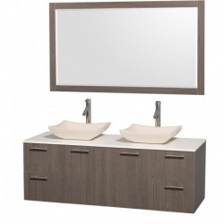 60 inch Double Bathroom Vanity in Gray Oak with White Man-Made Stone Top with Ivory Marble Sinks, and 58 inch Mirror