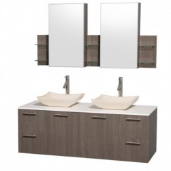 60 inch Double Bathroom Vanity in Gray Oak with White Man-Made Stone Top with Ivory Marble Sinks, and Medicine Cabinets