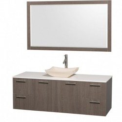 60 inch Single Bathroom Vanity in Gray Oak with White Man-Made Stone Top with Ivory Marble Sink, and 58 inch Mirror