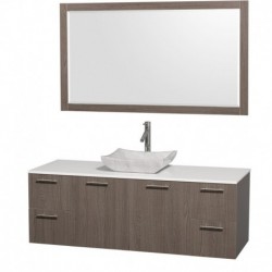 60 inch Single Bathroom Vanity in Gray Oak with White Man-Made Stone Top with Carrera Marble Sink, and 58 inch Mirror