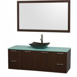60 inch Single Bathroom Vanity in Espresso, Green Glass Countertop, Arista Black Granite Sink, and 58 inch Mirror