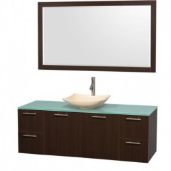 60 inch Single Bathroom Vanity in Espresso, Green Glass Countertop, Arista Ivory Marble Sink, and 58 inch Mirror