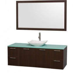 60 inch Single Bathroom Vanity in Espresso, Green Glass Countertop, Arista White Carrera Marble Sink, and 58 inch Mirror