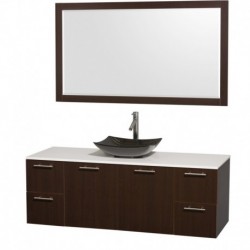 60 inch Single Bathroom Vanity in Espresso, White Man-Made Stone Countertop, Arista Black Granite Sink, and 58 inch Mirror