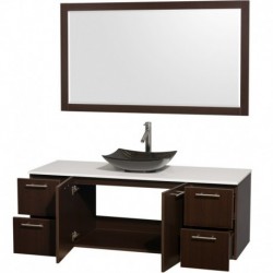 60 inch Single Bathroom Vanity in Espresso, White Man-Made Stone Countertop, Arista Black Granite Sink, and 58 inch Mirror