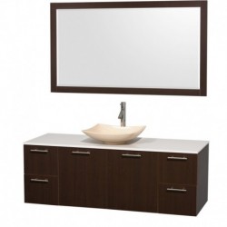 60 inch Single Bathroom Vanity in Espresso, White Man-Made Stone Countertop, Arista Ivory Marble Sink, and 58 inch Mirror