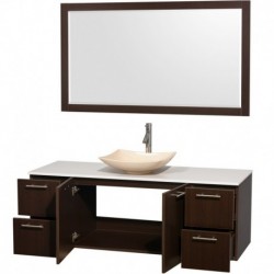 60 inch Single Bathroom Vanity in Espresso, White Man-Made Stone Countertop, Arista Ivory Marble Sink, and 58 inch Mirror