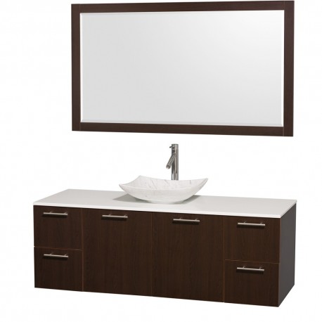 60 inch Single Bathroom Vanity in Espresso, White Man-Made Stone Countertop, Arista White Carrera Marble Sink, and 58 inch Mirr