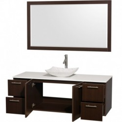 60 inch Single Bathroom Vanity in Espresso, White Man-Made Stone Countertop, Arista White Carrera Marble Sink, and 58 inch Mirr