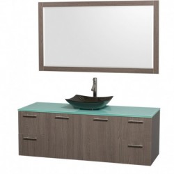 60 inch Single Bathroom Vanity in Gray Oak, Green Glass Countertop, Arista Black Granite Sink, and 58 inch Mirror