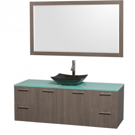 60 inch Single Bathroom Vanity in Gray Oak, Green Glass Countertop, Arista Black Granite Sink, and 58 inch Mirror