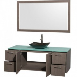 60 inch Single Bathroom Vanity in Gray Oak, Green Glass Countertop, Arista Black Granite Sink, and 58 inch Mirror