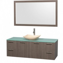 60 inch Single Bathroom Vanity in Gray Oak, Green Glass Countertop, Arista Ivory Marble Sink, and 58 inch Mirror