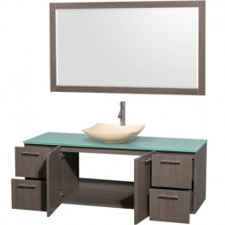 60 inch Single Bathroom Vanity in Gray Oak, Green Glass Countertop, Arista Ivory Marble Sink, and 58 inch Mirror