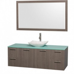 60 inch Single Bathroom Vanity in Gray Oak, Green Glass Countertop, Arista White Carrera Marble Sink, and 58 inch Mirror