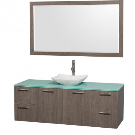 60 inch Single Bathroom Vanity in Gray Oak, Green Glass Countertop, Arista White Carrera Marble Sink, and 58 inch Mirror