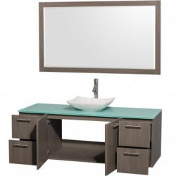 60 inch Single Bathroom Vanity in Gray Oak, Green Glass Countertop, Arista White Carrera Marble Sink, and 58 inch Mirror
