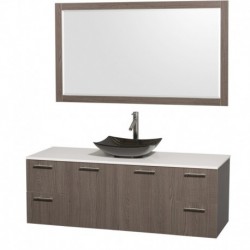 60 inch Single Bathroom Vanity in Gray Oak, White Man-Made Stone Countertop, Arista Black Granite Sink, and 58 inch Mirror